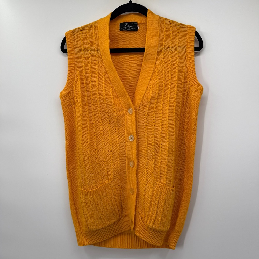 Targe Women Medium Cardigan Vest Yellow Vintage Cable Knit Button Front Pockets